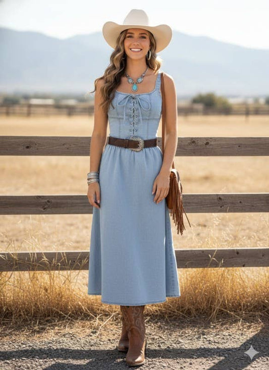 Lace-Up Front Stretch Denim Midi Dress