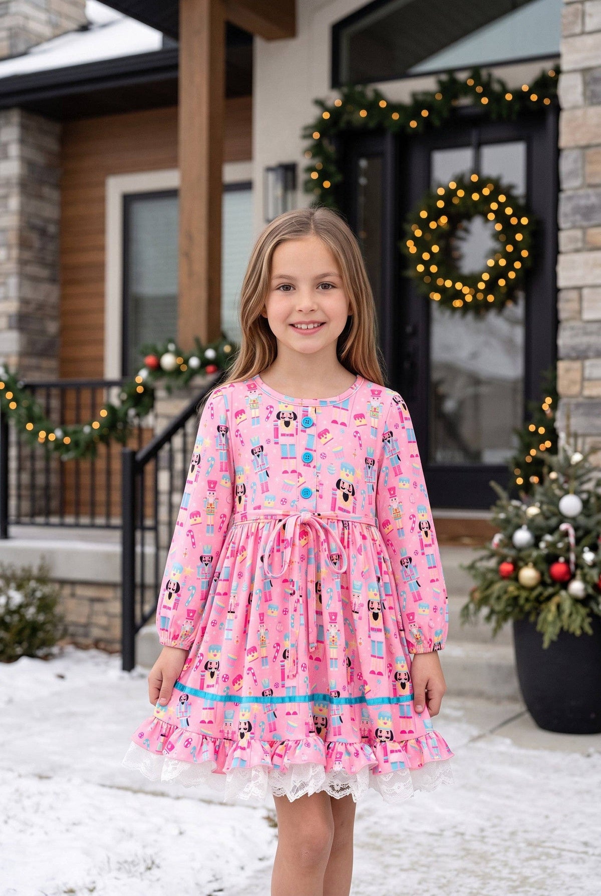 Long sleeve Pink nutcracker printed Christmas dress.