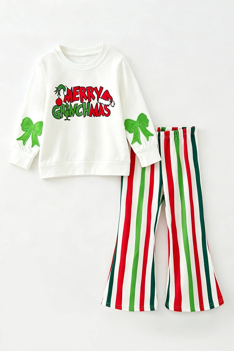 White Christmas application top and multi color stripe bottoms.