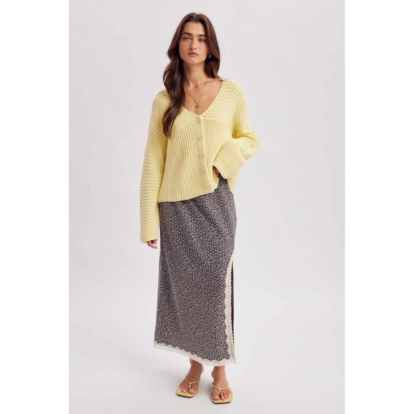 LACE TRIM FLORAL MIDI SKIRT
