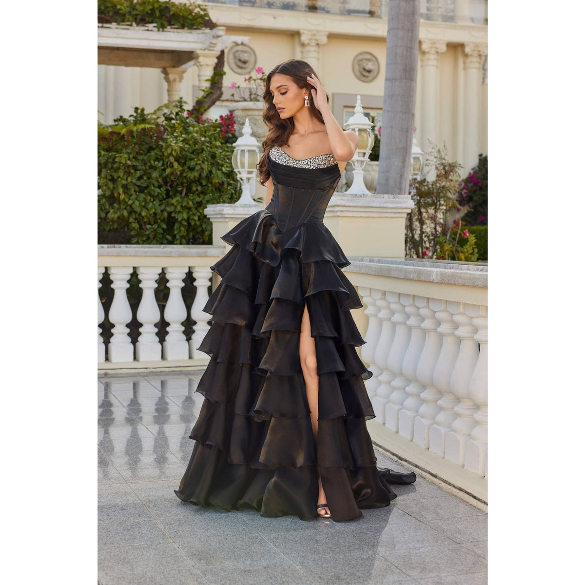 MOONLIGHT ORGANZA STRAPLESS LAYERED GOWN WITH TIERED RUFFLE