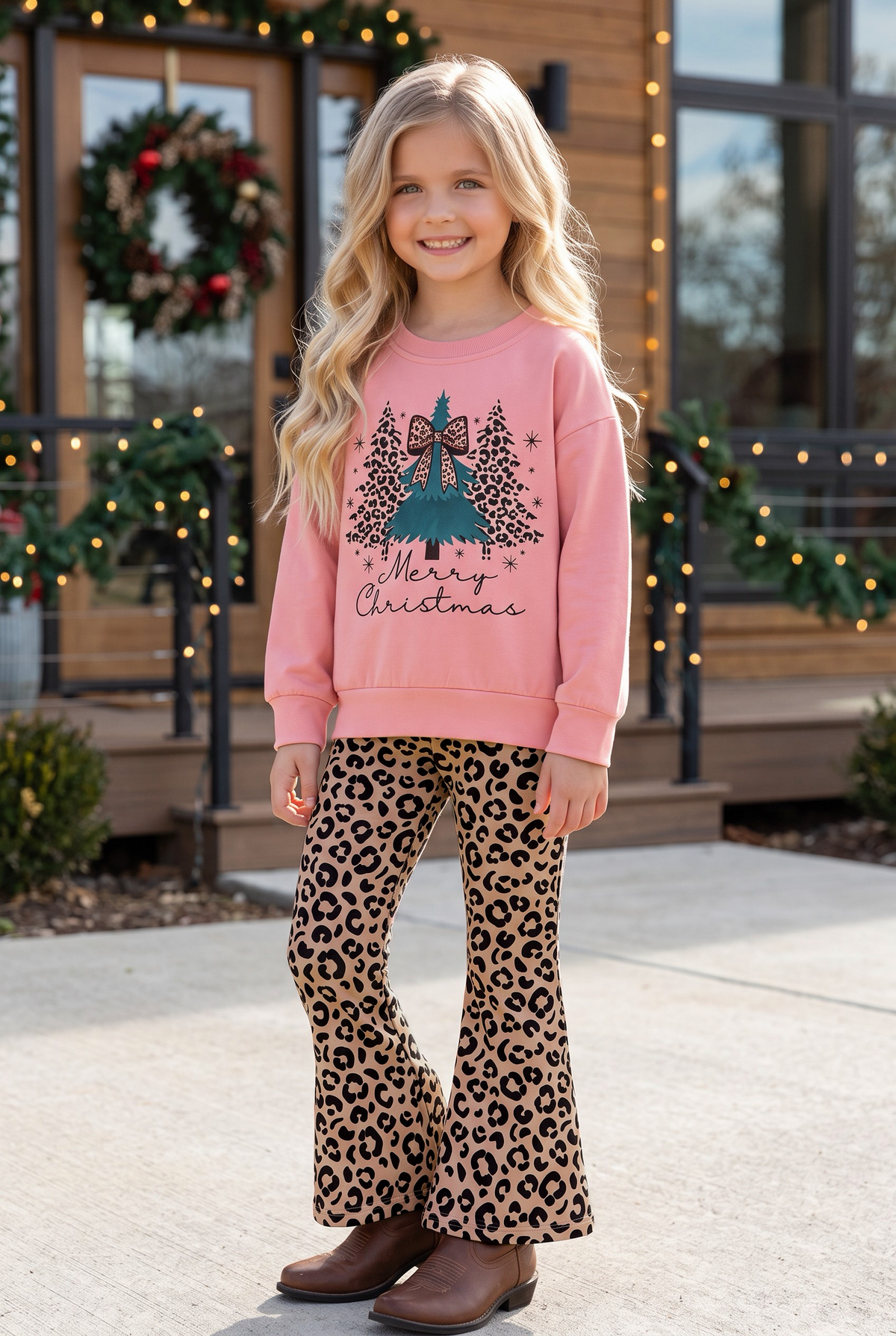 Blush girls long sleeve top with tan bottoms.
