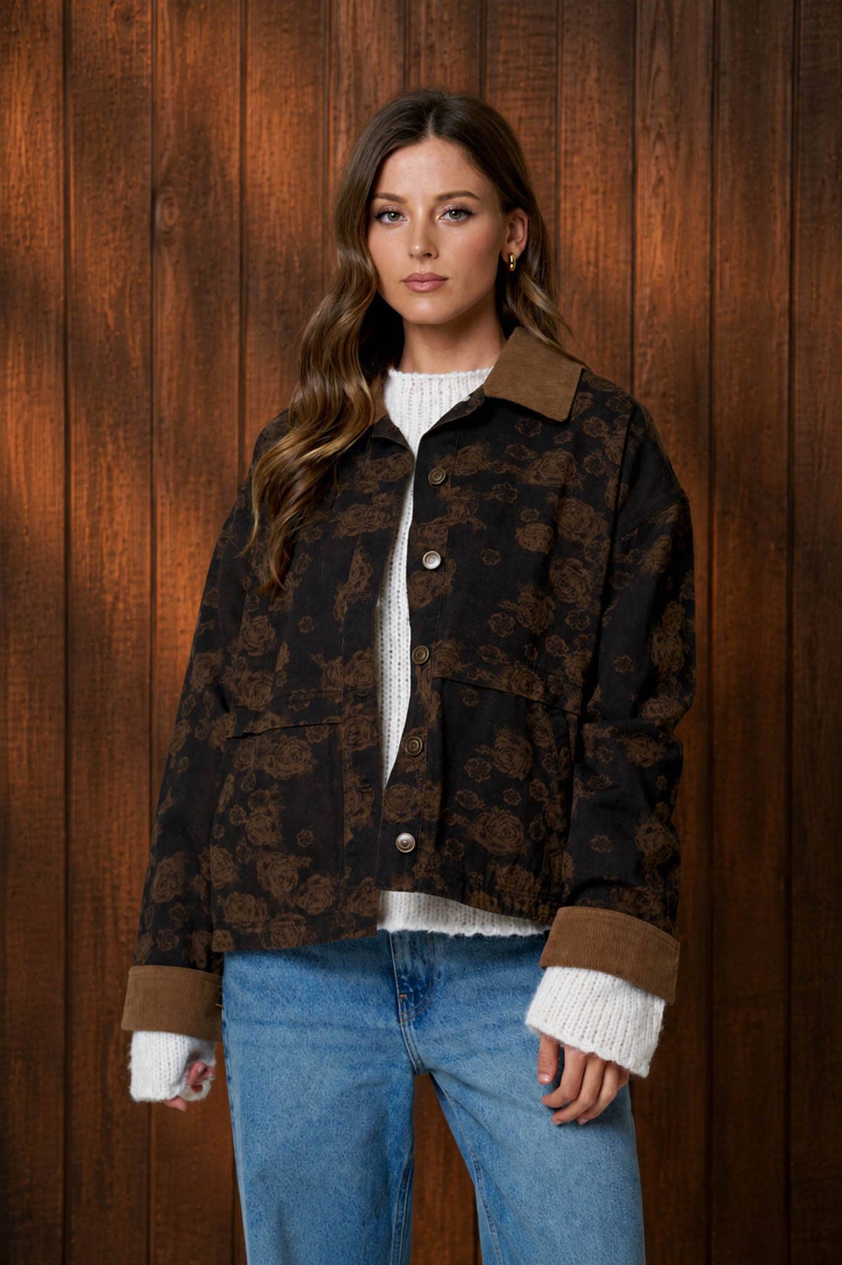 FLORAL DENIM JACQUARD CORDUROY COLLAR JACKET