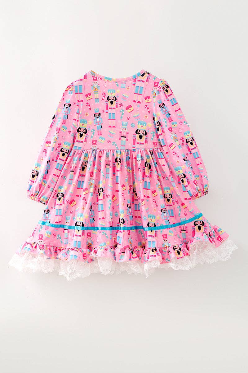 Long sleeve Pink nutcracker printed Christmas dress.