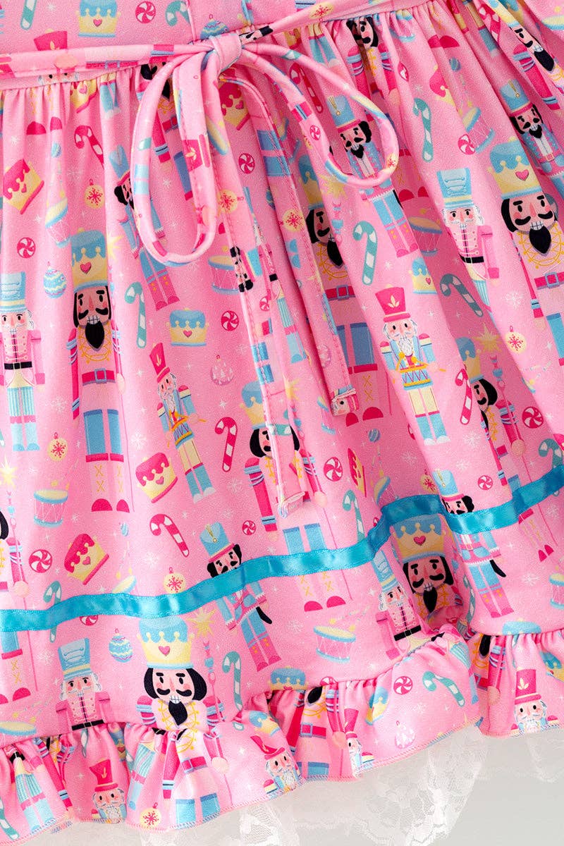 Long sleeve Pink nutcracker printed Christmas dress.