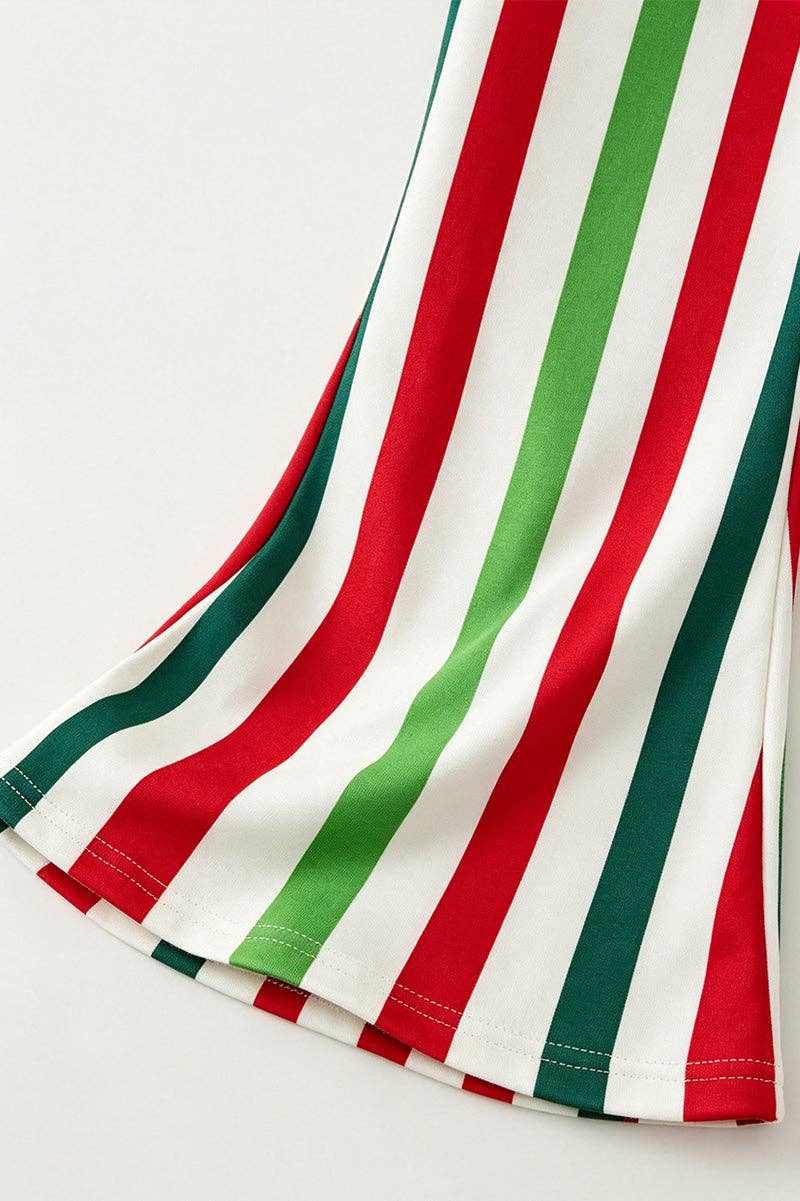 White Christmas application top and multi color stripe bottoms.