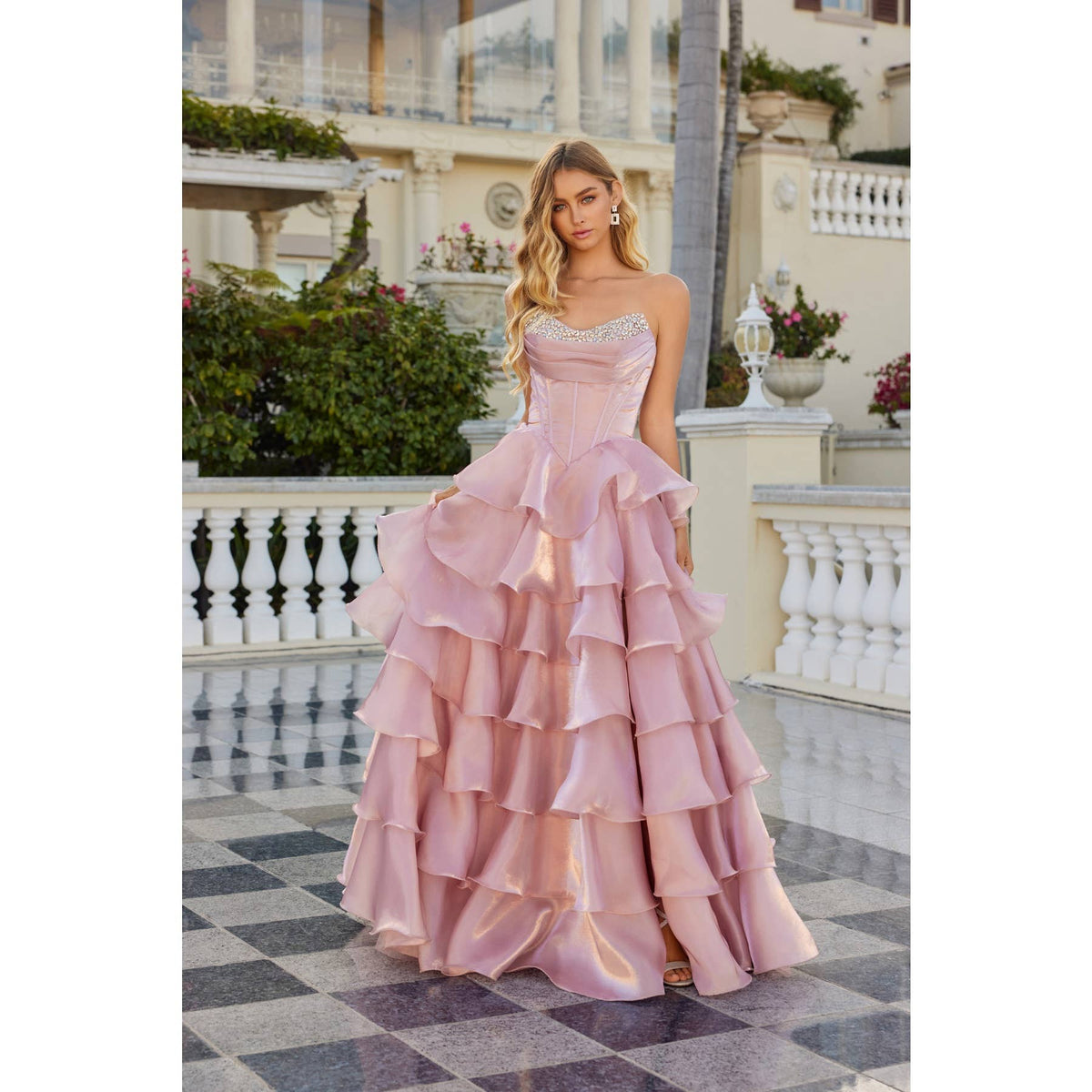 MOONLIGHT ORGANZA STRAPLESS LAYERED GOWN WITH TIERED RUFFLE