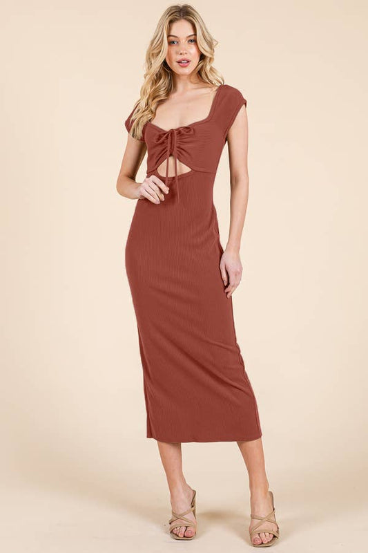 TIE FRONT RUCHED CAP SLEEVE CUT OUT SCOOP BACK