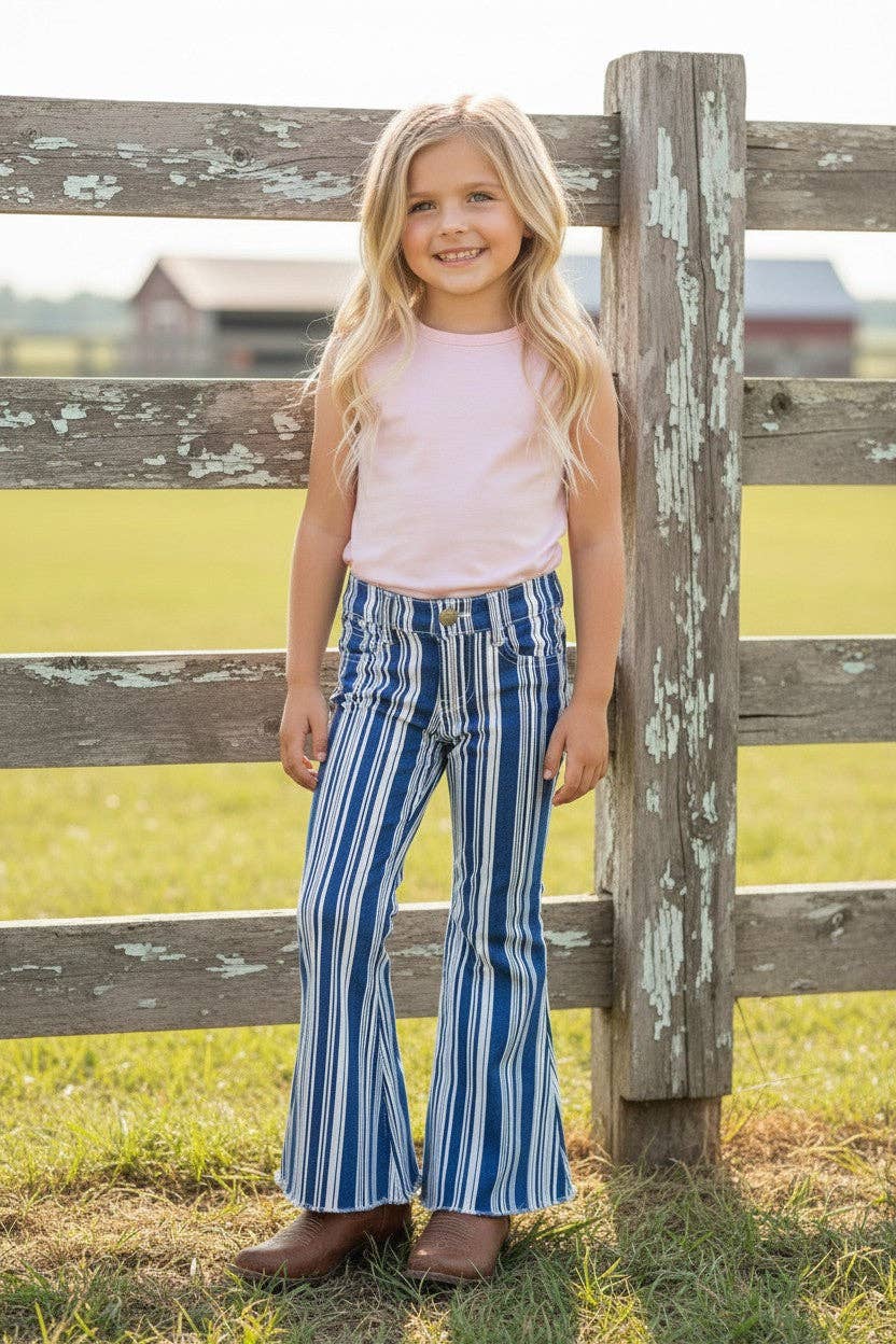 Vertical stripe on blue bootcut denim pants.