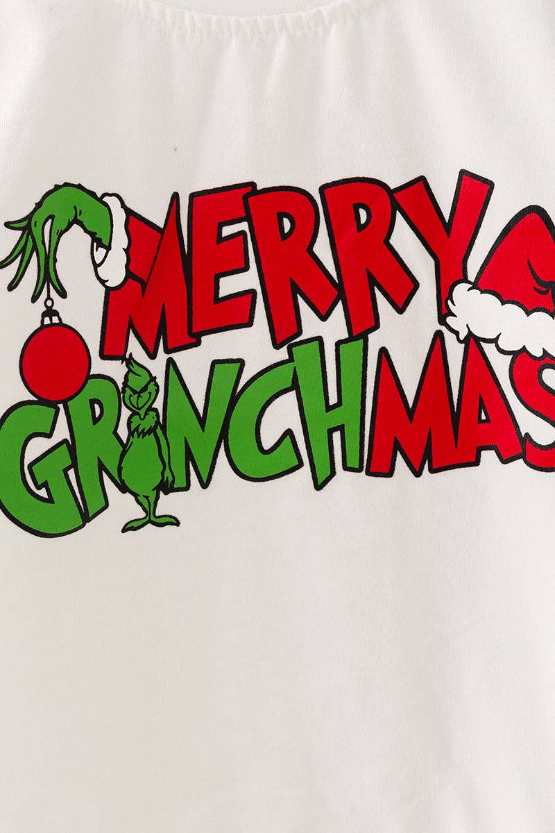 White Christmas application top and multi color stripe bottoms.