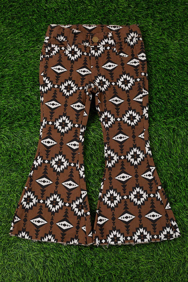 Brown aztec printed bootcut denim pants.