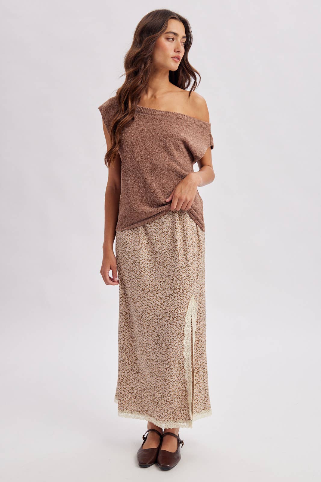 LACE TRIM FLORAL MIDI SKIRT
