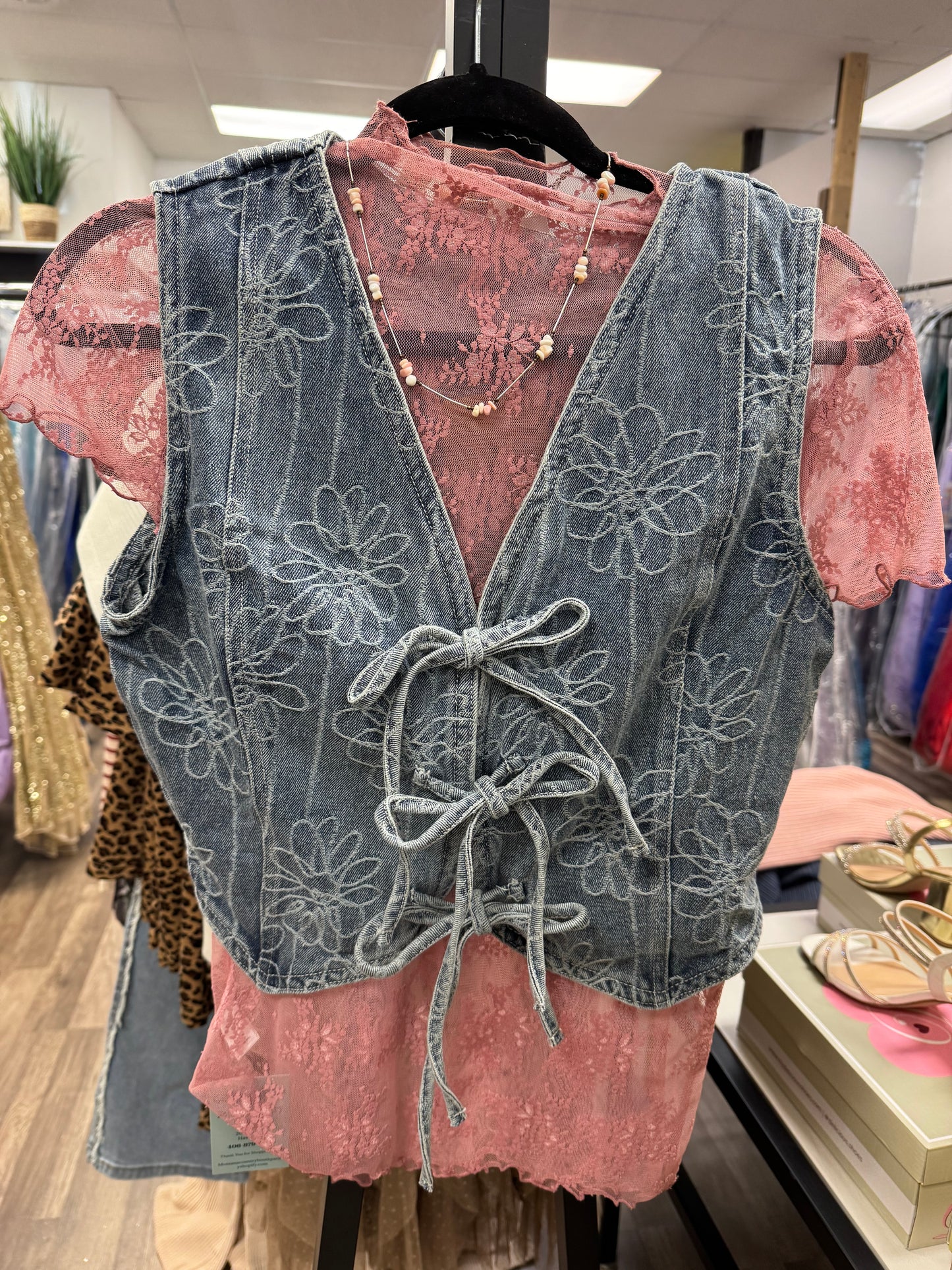 Floral denim vest