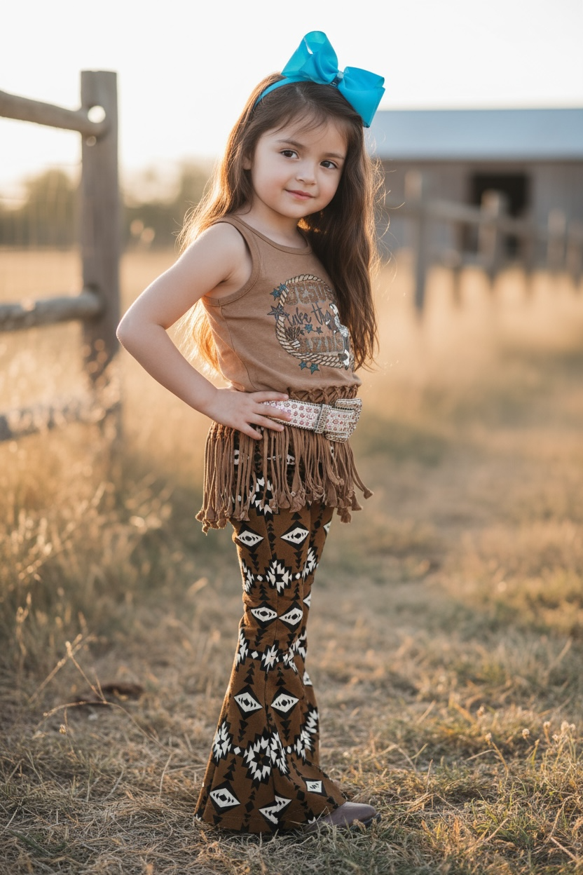 Brown aztec printed bootcut denim pants.