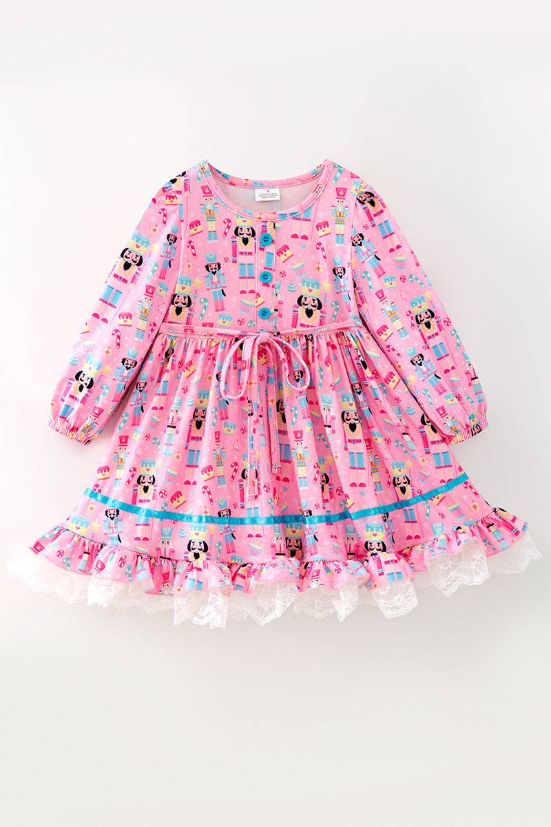 Long sleeve Pink nutcracker printed Christmas dress.