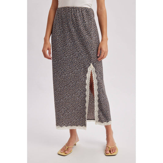 LACE TRIM FLORAL MIDI SKIRT