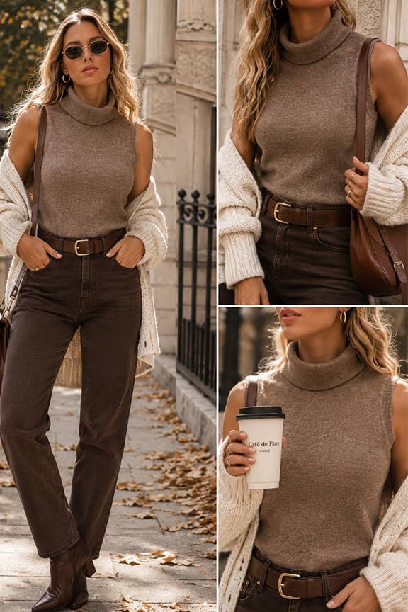 Sleeveless Ribbed Turtleneck Sweater Top