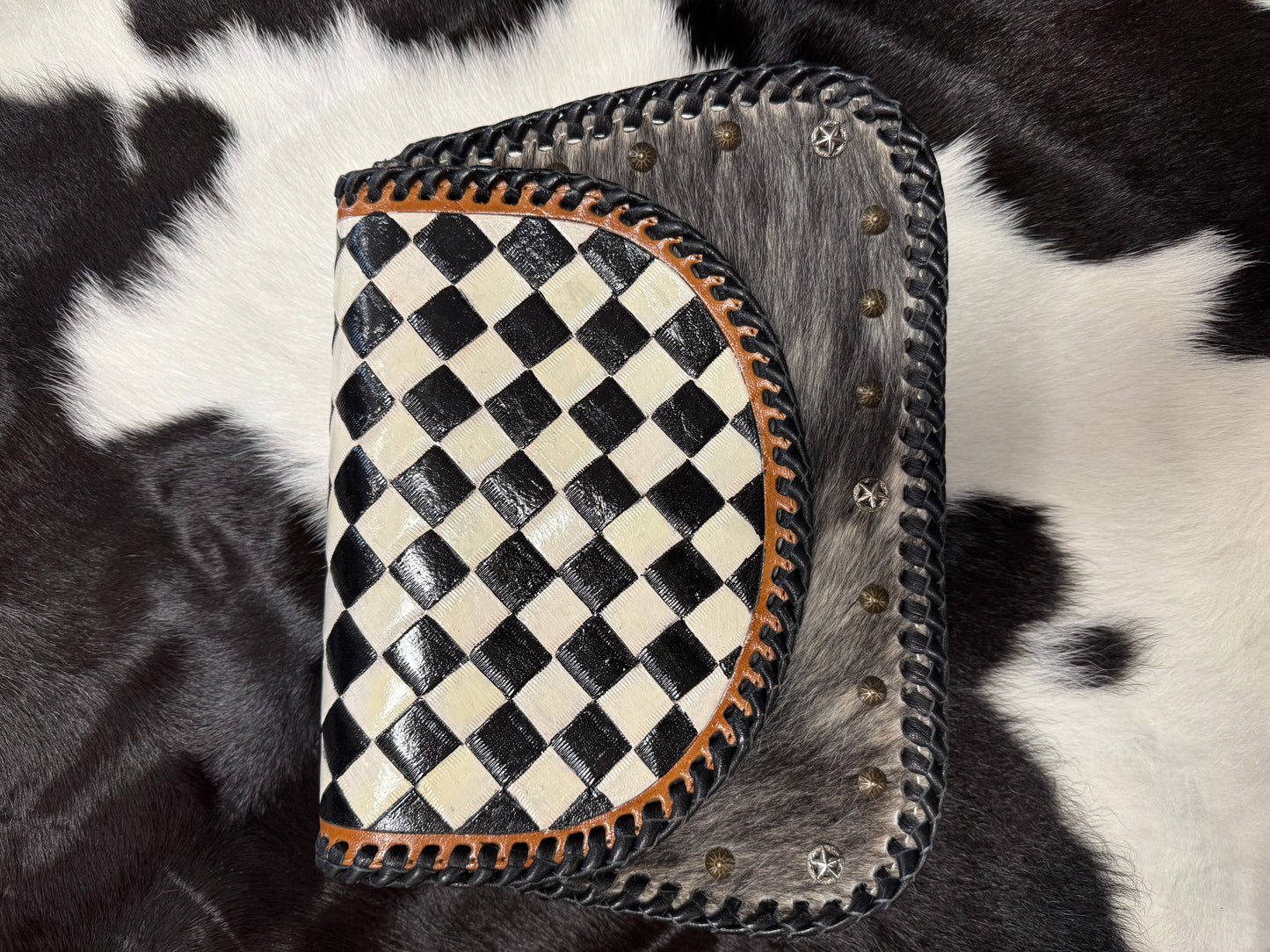 Gray hide and checkered bag