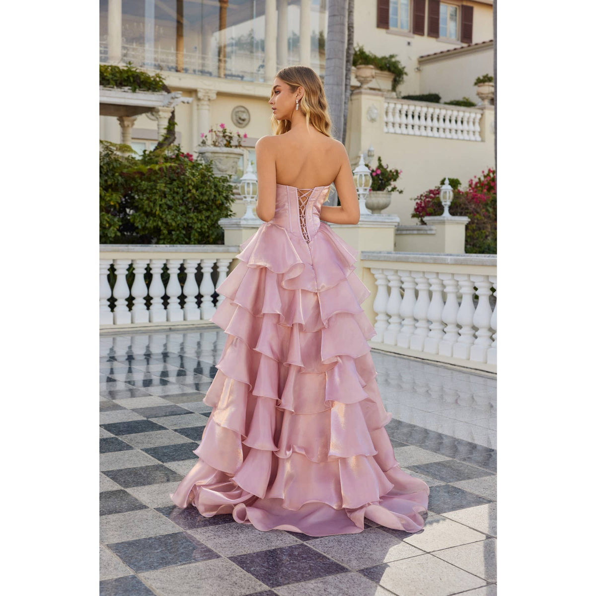 MOONLIGHT ORGANZA STRAPLESS LAYERED GOWN WITH TIERED RUFFLE