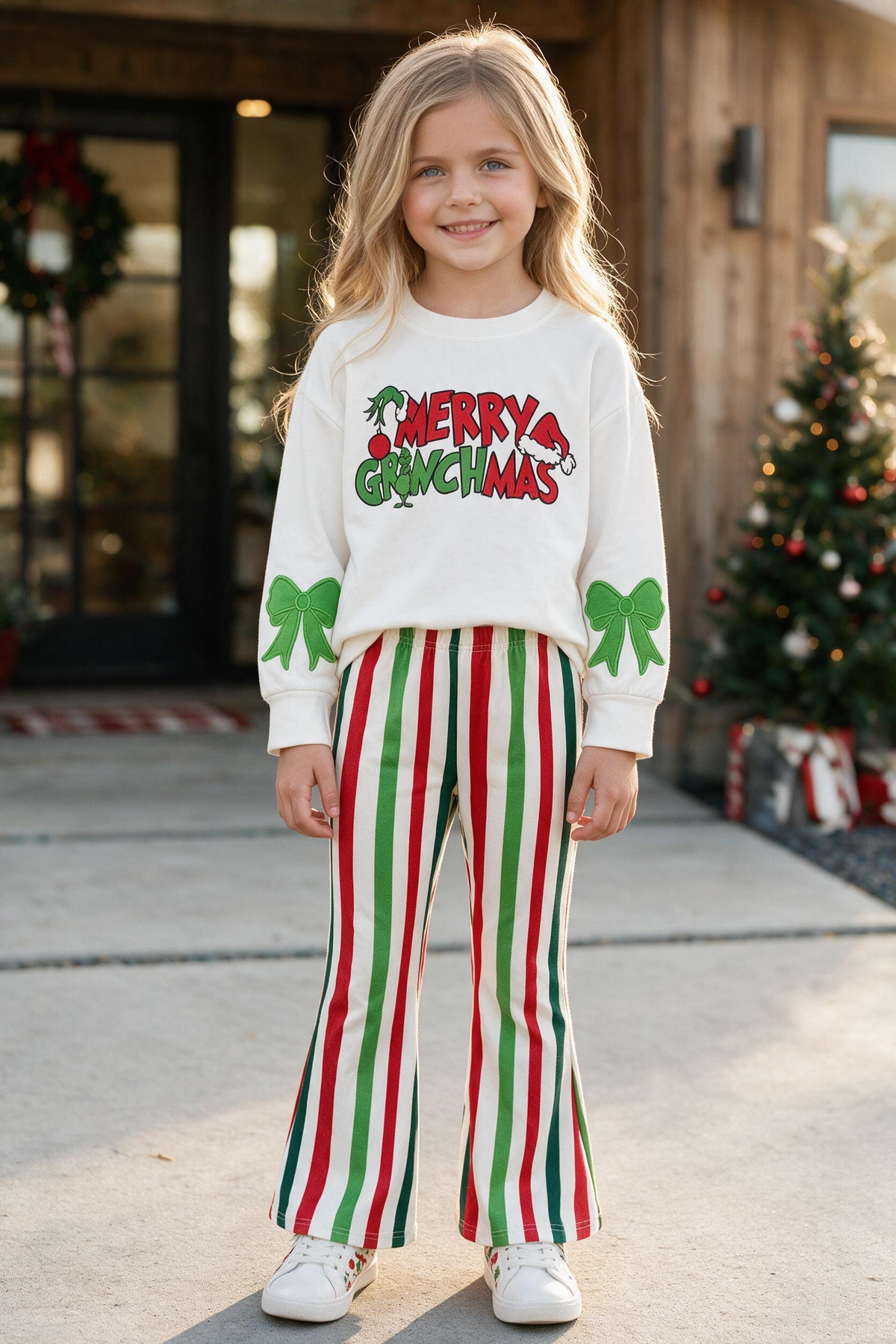 White Christmas application top and multi color stripe bottoms.