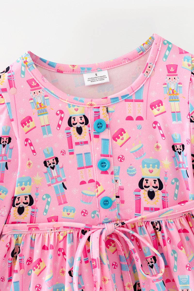 Long sleeve Pink nutcracker printed Christmas dress.