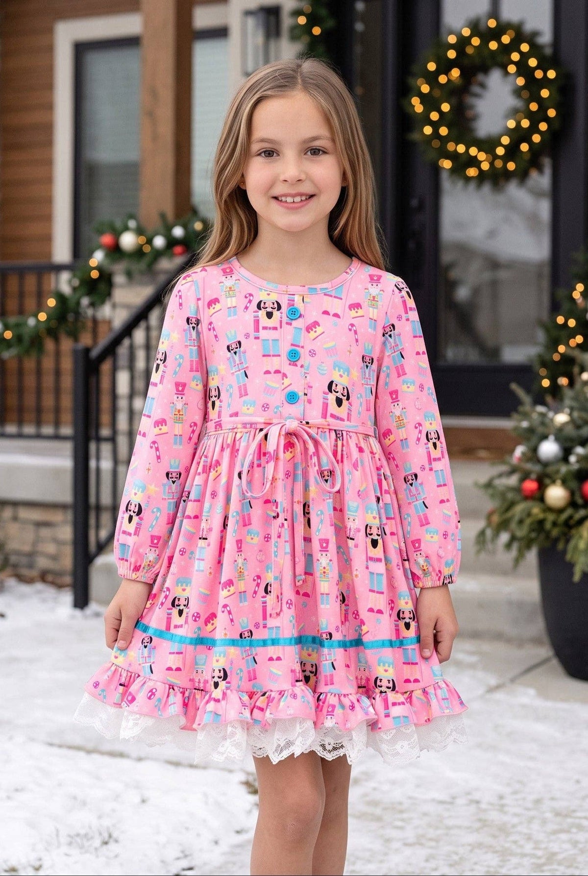 Long sleeve Pink nutcracker printed Christmas dress.