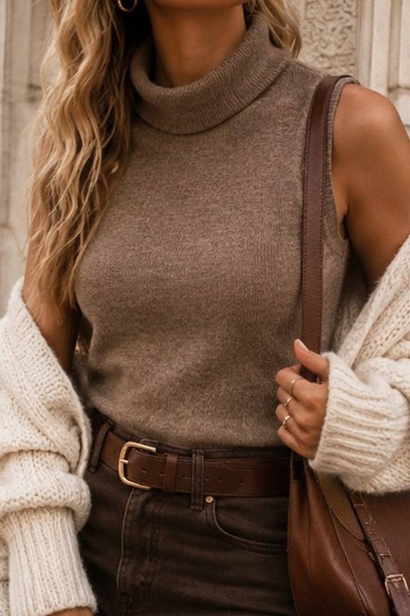 Sleeveless Ribbed Turtleneck Sweater Top