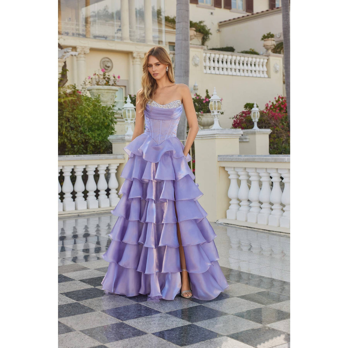 MOONLIGHT ORGANZA STRAPLESS LAYERED GOWN WITH TIERED RUFFLE