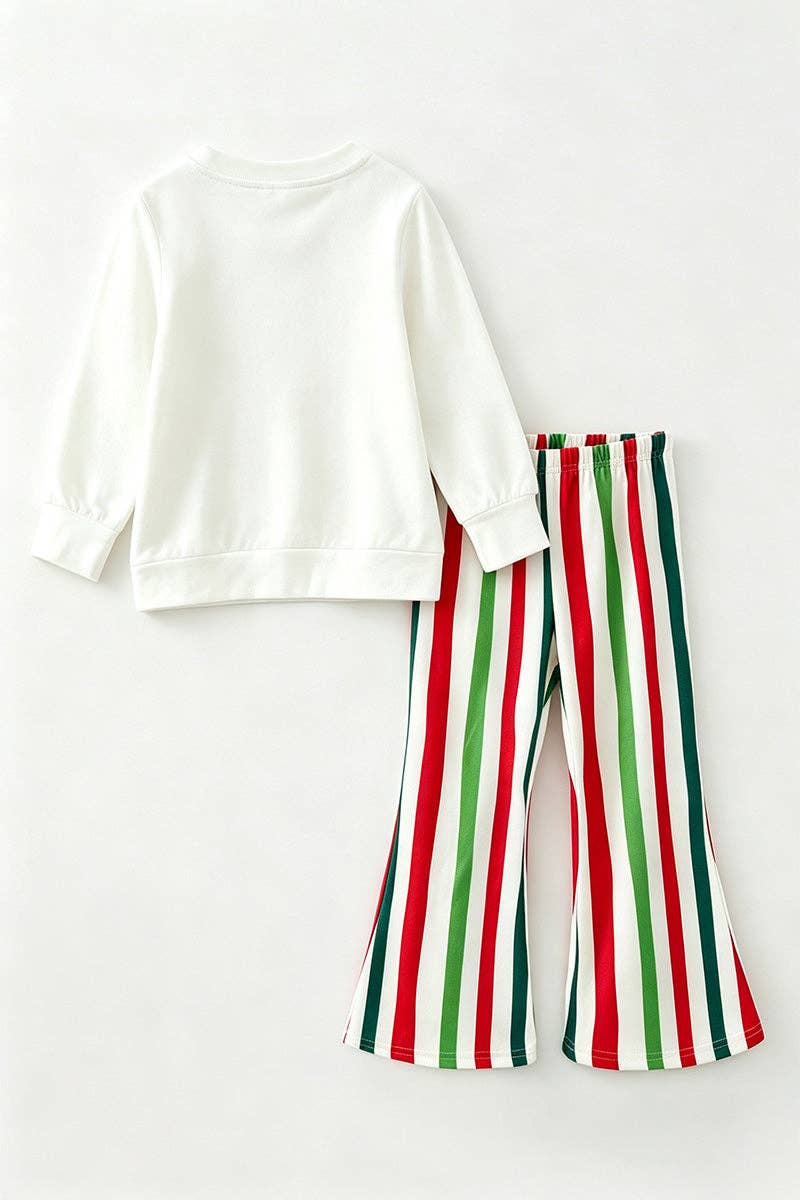 White Christmas application top and multi color stripe bottoms.