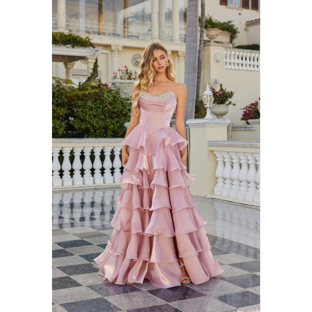 MOONLIGHT ORGANZA STRAPLESS LAYERED GOWN WITH TIERED RUFFLE