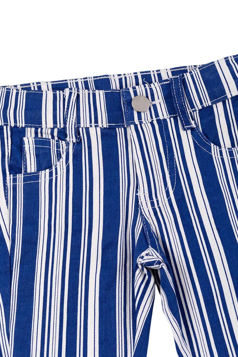 Vertical stripe on blue bootcut denim pants.