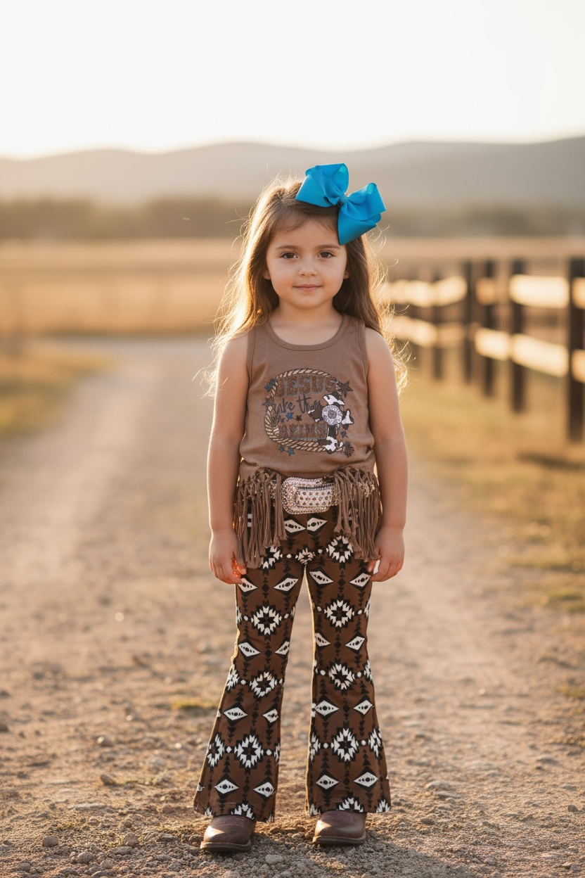 Brown aztec printed bootcut denim pants.