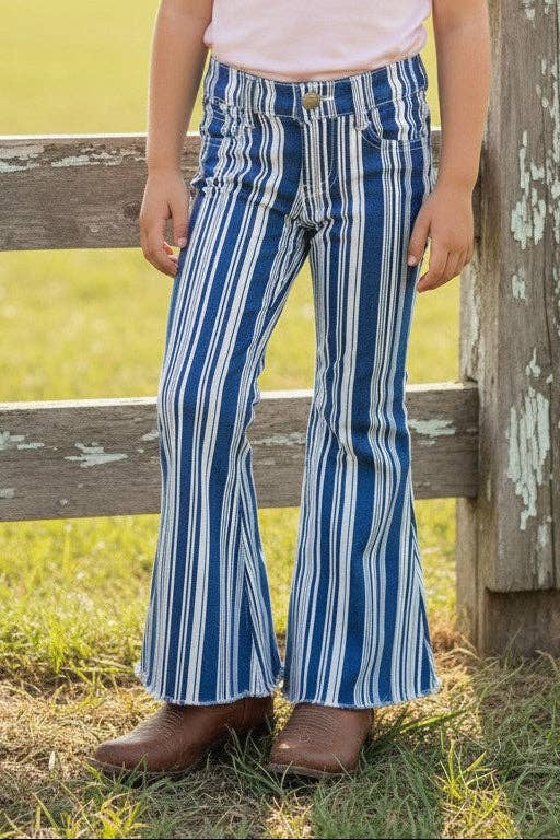 Vertical stripe on blue bootcut denim pants.
