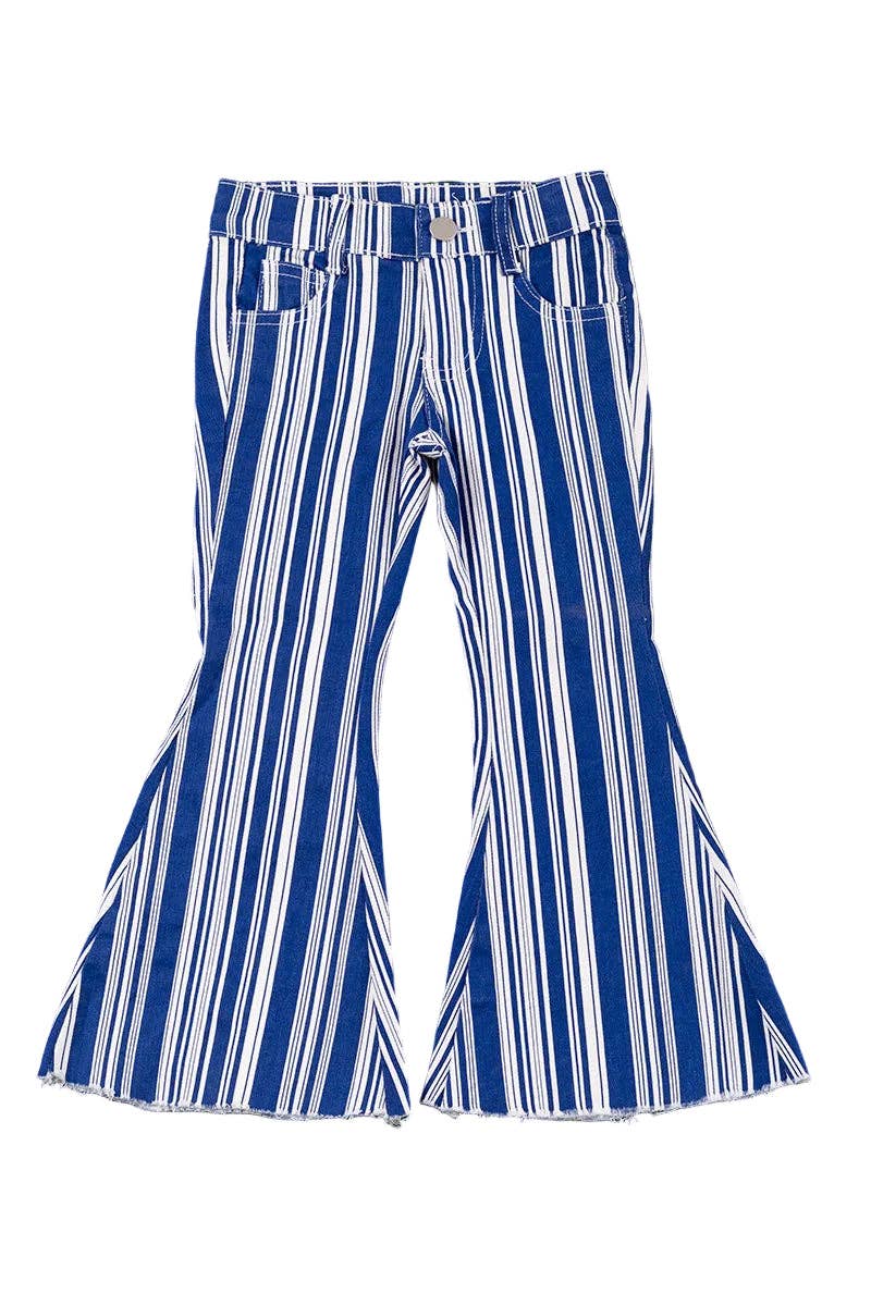 Vertical stripe on blue bootcut denim pants.