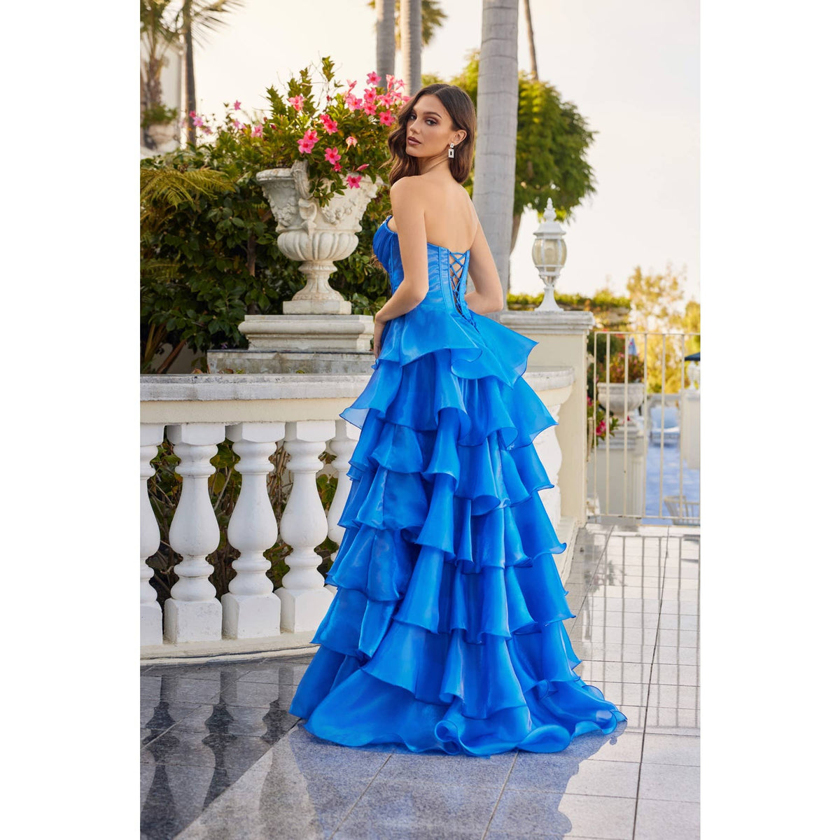 MOONLIGHT ORGANZA STRAPLESS LAYERED GOWN WITH TIERED RUFFLE