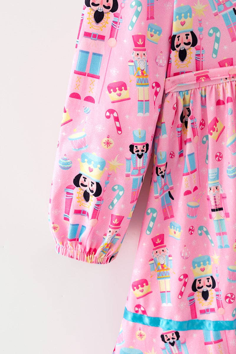 Long sleeve Pink nutcracker printed Christmas dress.