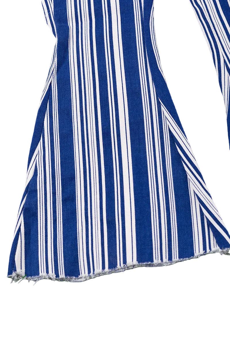 Vertical stripe on blue bootcut denim pants.