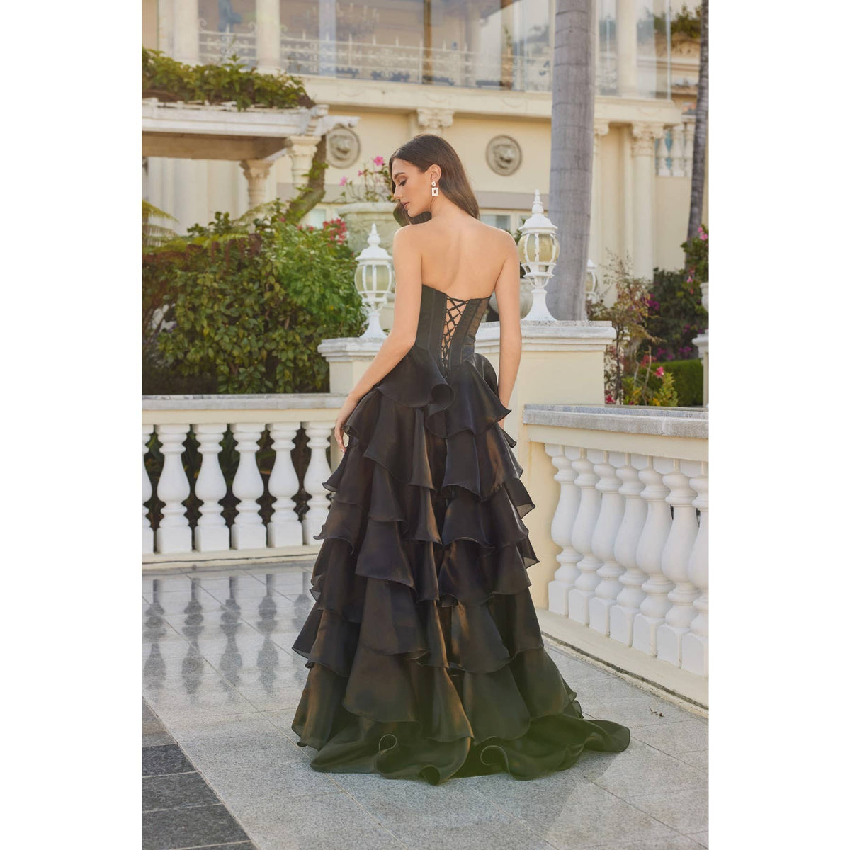 MOONLIGHT ORGANZA STRAPLESS LAYERED GOWN WITH TIERED RUFFLE