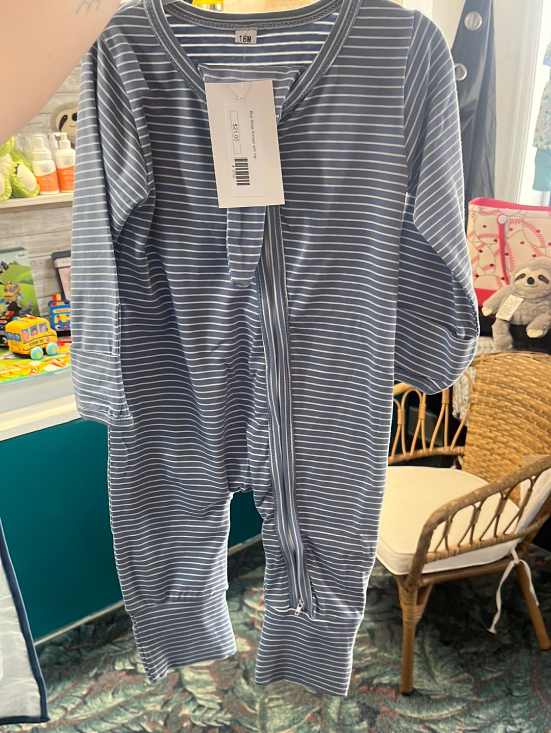 Blue Stripe Romper with Hat